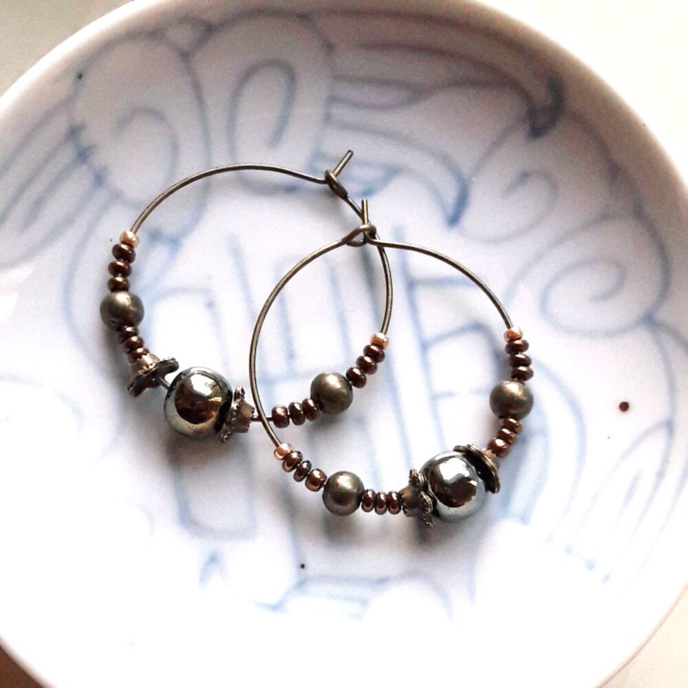 Metallic Glass Antique Bronze Hoops Hidden Meaning earrings Glitchy Glam 506■
